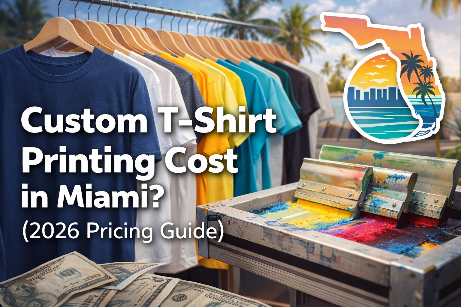 "Custom T-Shirt Printing Cost in Miami (2026 Price Guide) graphic showing colorful t-shirts, printing equipment, and Miami-themed visuals"